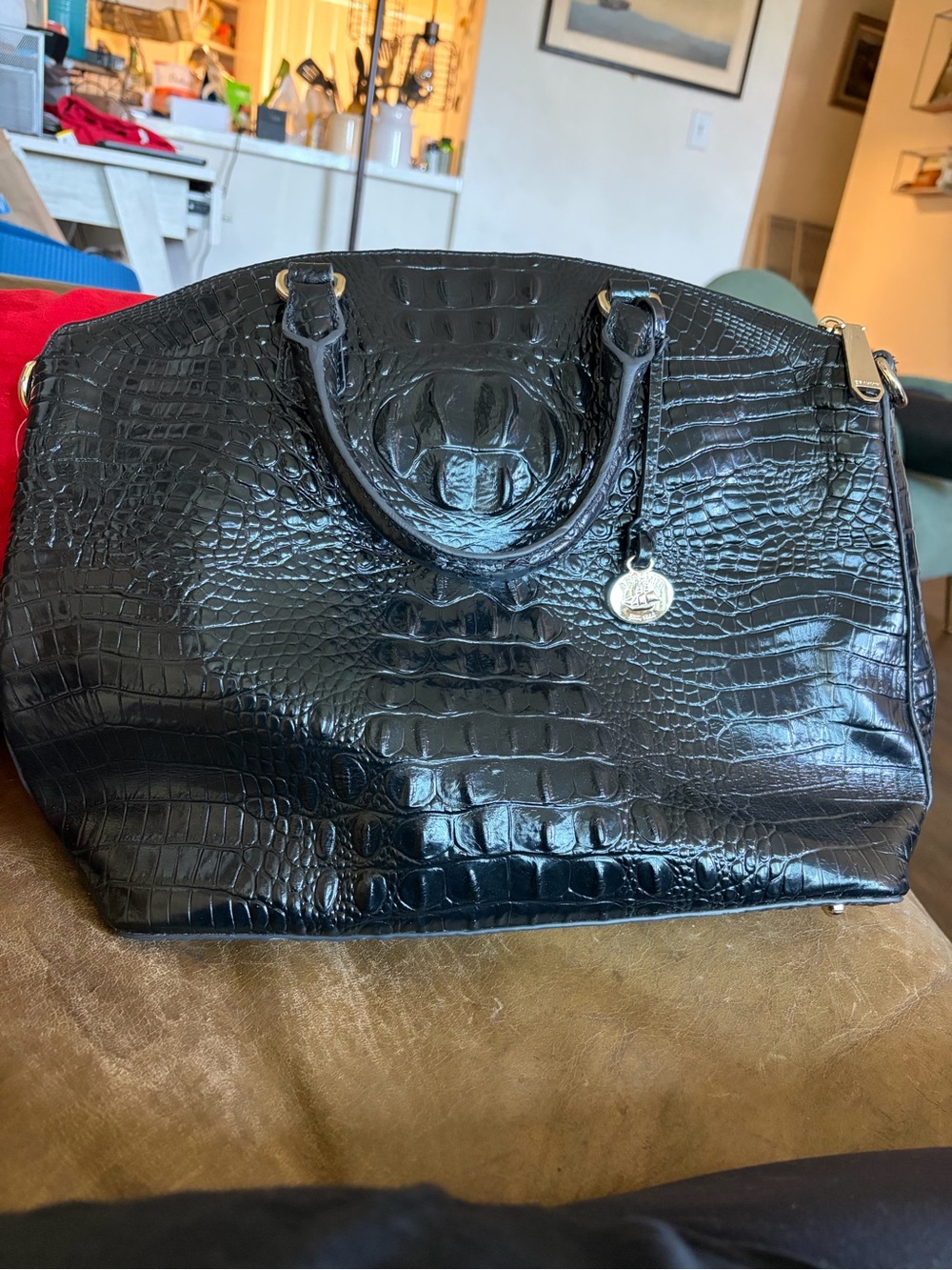 Brahmin Black Croc-Embossed Satchel with Charm large good shape